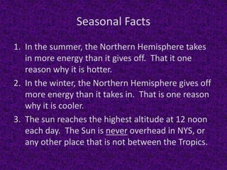 Seasonal Facts
1. In the summer, the Northern Hemisphere takes
in more energy than it gives off. That it one
reason why it is hotter.
2. In the winter, the Northern Hemisphere gives off
more energy than it takes in. That is one reason
why it is cooler.
3. The sun reaches the highest altitude at 12 noon
each day. The Sun is never overhead in NYS, or
any other place that is not between the Tropics.
 