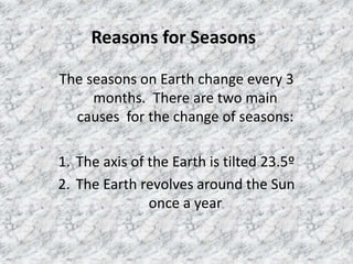Reasons for Seasons
The seasons on Earth change every 3
months. There are two main
causes for the change of seasons:
1. Th...