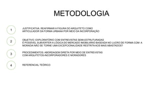 OBJETIVO: EXPLORATÓRIO COM ENTREVISTAS SEMI-ESTRUTURADAS
É POSSÍVEL SUBVERTER A LÓGICA DO MERCADO IMOBILIÁRIO BASEADA NO LUCRO DE FORMA COM A
MORADIA NÃO SE TORNE UMA EXCEPCIONALIDADE RESTRITA AOS MAIS ABASTADOS?
2
3
PROCEDIMENTOS: ABORDAGEM DIRETA POR MEIO DE ENTREVISTAS
COM ARQUITETOS-INCORPORADORES E MORADORES
1
JUSTIFICATIVA: REAFIRMAR A FIGURA DO ARQUITETO COMO
ARTICULADOR DA FORMA URBANA POR MEIO DA INCORPORAÇÃO
REFERENCIAL TEÓRICO4
METODOLOGIA
 