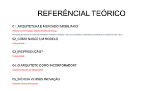 REFERÊNCIAL TEÓRICO
01_ARQUITETURA E MERCADO IMOBILIÁRIO
Heliana Comin Vargas, Cristina Pereira de Araujo
Pesquisa da história do mercado imobiliário brasileiro atrelada a figura do arquiteto e urbanista com enfoque na cidade de São Paulo
02_COMO NASCE UM MODELO
Felipe Anitelli
03_[RE]PRODUÇÃO?
Felipe Anitelli
04_O ARQUITETO COMO INCORPORADOR?
Guilherme Nunes de Vasconcelos
05_INÉRCIA VERSUS INOVAÇÃO
Grazielle Nunes de Azevedo
 