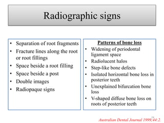 Radiographic signs
• Separation of root fragments
• Fracture lines along the root
or root fillings
• Space beside a root filling
• Space beside a post
• Double images
• Radiopaque signs
Patterns of bone loss
• Widening of periodontal
ligament space
• Radiolucent halos
• Step-like bone defects
• Isolated horizontal bone loss in
posterior teeth
• Unexplained bifurcation bone
loss
• V-shaped diffuse bone loss on
roots of posterior teeth
Australian Dental Journal 1999;44:2.
24
 