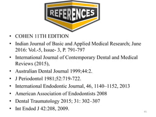 • COHEN 11TH EDITION
• Indian Journal of Basic and Applied Medical Research; June
2016: Vol.-5, Issue- 3, P. 791-797
• International Journal of Contemporary Dental and Medical
Reviews (2015),
• Australian Dental Journal 1999;44:2.
• J Periodontol 1981;52:719-722.
• International Endodontic Journal, 46, 1140–1152, 2013
• American Association of Endodontists 2008
• Dental Traumatology 2015; 31: 302–307
• Int Endod J 42:208, 2009. 45
 