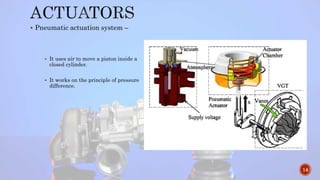  Pneumatic actuation system –
 It uses air to move a piston inside a
closed cylinder.
 It works on the principle of pressure
difference.
14
 