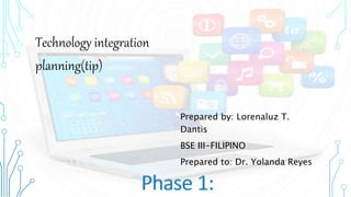 Technology integration
planning(tip)
Prepared by: Lorenaluz T.
Dantis
BSE III-FILIPINO
Prepared to: Dr. Yolanda Reyes
 