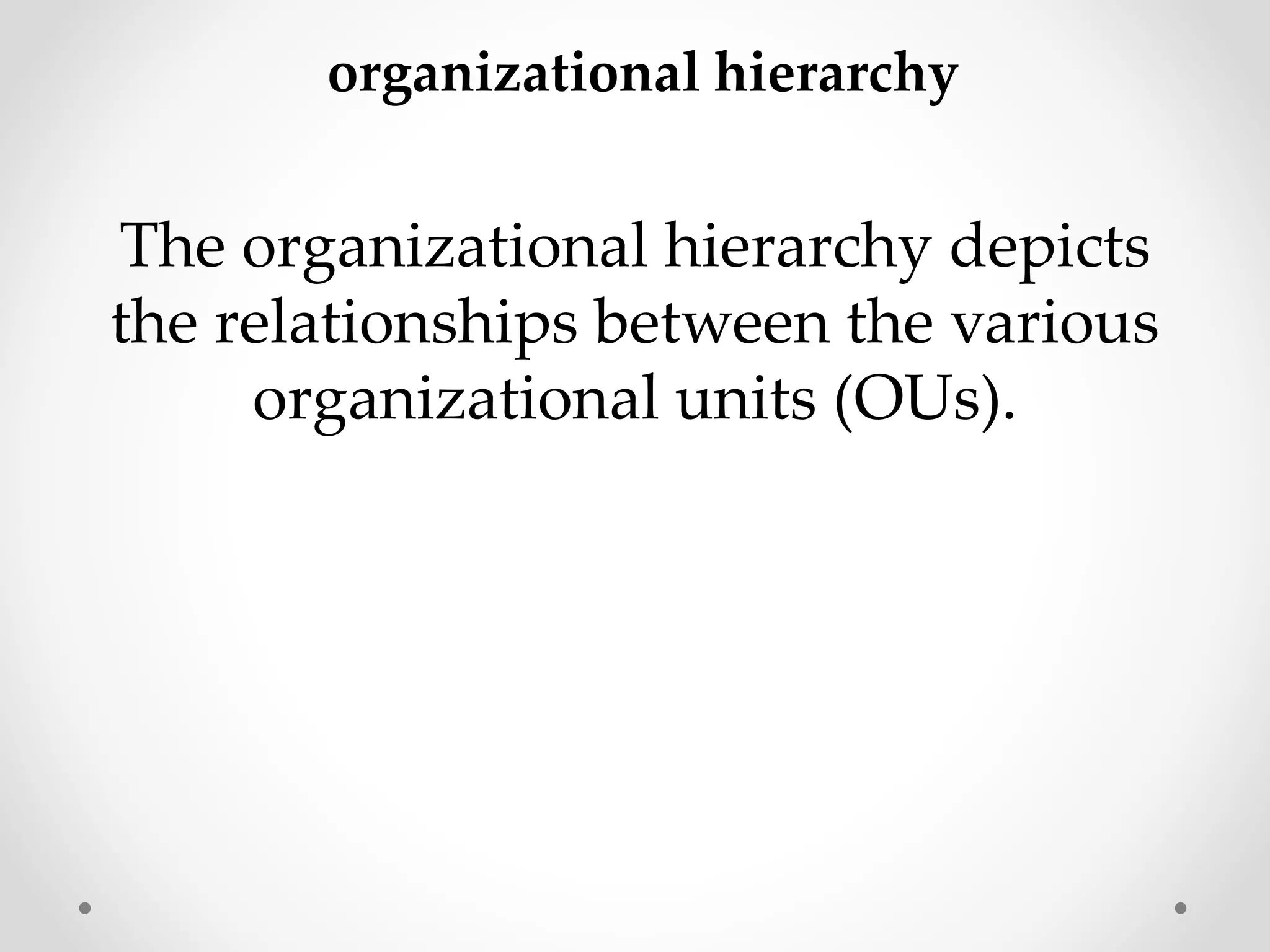 organizational hierarchy
The organizational hierarchy depicts
the relationships between the various
organizational units (OUs).
 