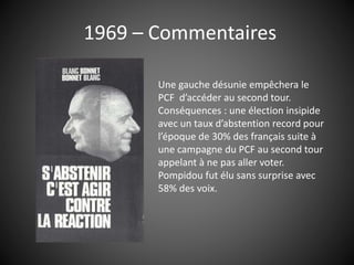 1969 – Commentaires
Une gauche désunie empêchera le
PCF d’accéder au second tour.
Conséquences : une élection insipide
avec un taux d’abstention record pour
l’époque de 30% des français suite à
une campagne du PCF au second tour
appelant à ne pas aller voter.
Pompidou fut élu sans surprise avec
58% des voix.
 