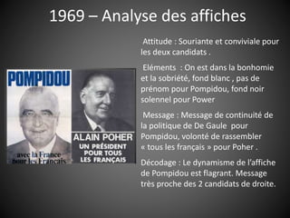 1969 – Analyse des affiches
Attitude : Souriante et conviviale pour
les deux candidats .
Eléments : On est dans la bonhomie
et la sobriété, fond blanc , pas de
prénom pour Pompidou, fond noir
solennel pour Power
Message : Message de continuité de
la politique de De Gaule pour
Pompidou, volonté de rassembler
« tous les français » pour Poher .
Décodage : Le dynamisme de l’affiche
de Pompidou est flagrant. Message
très proche des 2 candidats de droite.
 