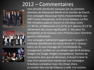 2012 – Commentaires
Une période électorale marquée par les premiers
attentats de Mohamed Merah et la montée de Daech.
Une campagne beaucoup moins mouvementée que
2007 (voire ennuyeuse). La fin d’une époque, Le Pen
fille remplace papa et réussit un très beau score
(17,90 %). JL.Mélanchon (11,10 %) et F. Bayrou (9,13 %)
obtiennent des scores significatifs. E. Joly pour les
écologistes et le nouveau venu P.Poutou pour l’extrême
gauche s’effondrent.
Une campagne habilement gagnée par l’inespéré F.
Hollande (bénéficiant du retrait forcé de D. Strauss-
Kahn) sur le seul message de l’immédiateté du
changement, surfant sur un certain rejet de N.Sarkozy.
Malgré une image mitigée (compétence, homme de
compromis plus que de décision), il réussit à tenir le
choc d’un second tour menée par une campagne
N.Sarkozy combative mais très (trop) chère.
Le soutien des voix de F.Bayrou a aidé à la victoire.
 