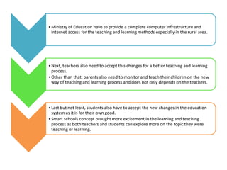 •Ministry of Education have to provide a complete computer infrastructure and
internet access for the teaching and learning methods especially in the rural area.
•Next, teachers also need to accept this changes for a better teaching and learning
process.
•Other than that, parents also need to monitor and teach their children on the new
way of teaching and learning process and does not only depends on the teachers.
•Last but not least, students also have to accept the new changes in the education
system as it is for their own good.
•Smart schools concept brought more excitement in the learning and teaching
process as both teachers and students can explore more on the topic they were
teaching or learning.
 
