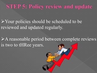 Your policies should be scheduled to be
reviewed and updated regularly.
A reasonable period between complete reviews
is two to tHRee years.
 