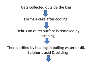Gets collected outside the bag
Forms a cake after cooling
Debris on outer surface is removed by
scraping
Then purified by heating in boiling water or dil.
Sulphuric acid & settling
 