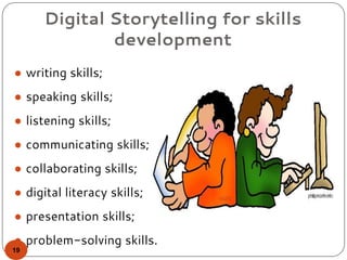 Digital Storytelling for skills
development
● writing skills;
● speaking skills;
● listening skills;
● communicating skills;
● collaborating skills;
● digital literacy skills;
● presentation skills;
● problem-solving skills.
19
 