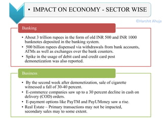 • About 3 trillion rupees in the form of old INR 500 and INR 1000
banknotes deposited in the banking system.
• 500 billion rupees dispensed via withdrawals from bank accounts,
ATMs as well as exchanges over the bank counters.
• Spike in the usage of debit card and credit card post
demonetization was also reported.
Banking
• By the second week after demonetization, sale of cigarette
witnessed a fall of 30-40 percent.
• E-commerce companies saw up to a 30 percent decline in cash on
delivery (COD) orders.
• E-payment options like PayTM and PayUMoney saw a rise.
• Real Estate – Primary transactions may not be impacted,
secondary sales may to some extent.
Business
• IMPACT ON ECONOMY - SECTOR WISE
©Harshit Ahuja
 