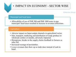 • Allowability of use of INR 500 and INR 1000 notes to pay
municipal/ local taxes resulted in increase in revenue collections.
Municipal and local taxes
• Adverse impact on Input-output channels in agricultural sector.
• Sale, transport, marketing and distribution of ready produce to
wholesale centres or mandis, adversely impacted.
• Disruptions, breaks in the supply chains feedback to farmers as
sales fall.
• Increased wastage of perishables.
• Lower revenues that show up as trade dues instead of cash in
hand.
Agriculture
• IMPACT ON ECONOMY - SECTOR WISE
©Harshit Ahuja
 