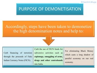 Curb financing of terrorism
through the proceeds of Fake
Indian Currency Notes (FICN).
Curb the use of FICN funds for
subversive activities such as
espionage, smuggling of arms,
drugs and other contrabands
into India.
For eliminating Black Money
which casts a long shadow of
parallel economy on our real
economy.
Accordingly, steps have been taken to demonetize
the high denomination notes and help to:
PURPOSE OF DEMONETISATION
©Harshit Ahuja
 