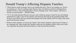 Donald Trump’s Affecting Hispanic Families
• "When Mexico sends its people, they're not sending their best. They're not sending you. They're
not sending you. They're sending people that have lots of problems, and they're bringing those
problems with us. They're bringing drugs. They're bringing crime. They're rapists. And some, I
assume, are good people." – Donald Trump
• “At 15, the undocumented Phoenix teen got a job at Subway, going to school by day and making
sandwiches by night, to pay for the family's rent and food. She kept up this grueling double shift
for three years before she was arrested and charged with felony identity theft for using a fake name
and Social Security number.”
• Whatever their numbers, not all are the "rapists" and violent criminals conjured up by Trump on
the campaign trail. Many people like Mariana, otherwise law-abiding workers whose only crime
was using fake documents that allowed them to work and feed their families.
 