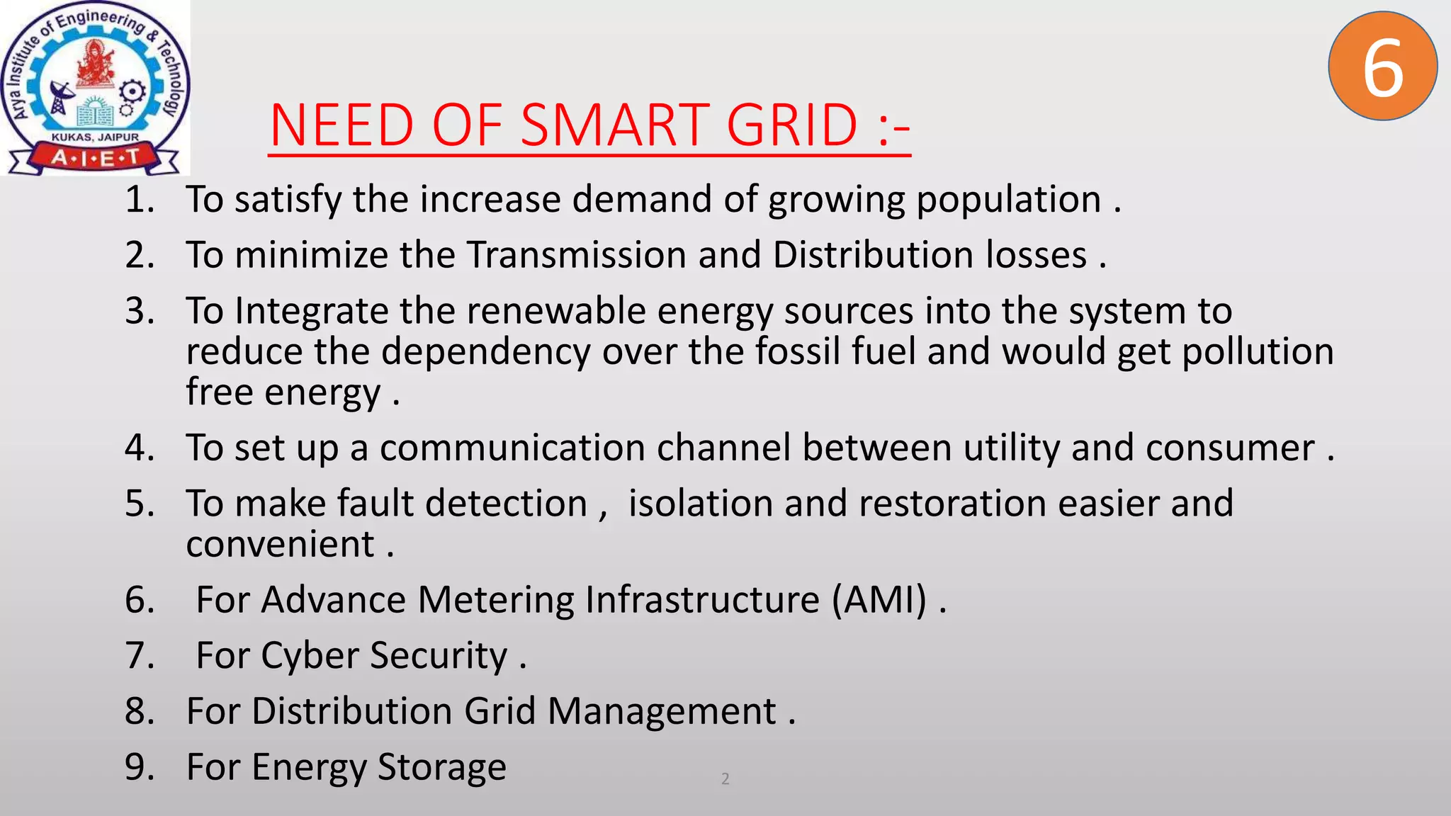 NEED OF SMART GRID :-
1. To satisfy the increase demand of growing population .
2. To minimize the Transmission and Distribution losses .
3. To Integrate the renewable energy sources into the system to
reduce the dependency over the fossil fuel and would get pollution
free energy .
4. To set up a communication channel between utility and consumer .
5. To make fault detection , isolation and restoration easier and
convenient .
6. For Advance Metering Infrastructure (AMI) .
7. For Cyber Security .
8. For Distribution Grid Management .
9. For Energy Storage 2
6
 