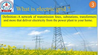 2
Definition:-A network of transmission lines, substations, transformers
and more that deliver electricity from the power plant to your home.
What is electric grid ?
3
 