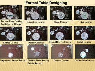 Formal Table Designing
Formal Place Setting
for 8 Course Dinner
Appetizer Course Soup Course Fish Course
Entrée Course Palate Cleanser Main (Releve) Course Salad Course
Fingerbowl Before Dessert Dessert Place Setting
Before Dessert
Dessert Course Coffee/Tea Course
5
 
