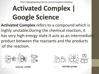 Activated Complex |
Google Science
Activated Complex refers to a compound which is
highly unstable.During the chemical reaction, it
has very high energy state.It acts as an intermediate
product between the reactants and the products
of the reaction.
http://googlegalaxyscience.com/activated-complex/
 