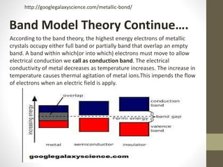 http://googlegalaxyscience.com/metallic-bond/
According to the band theory, the highest energy electrons of metallic
crystals occupy either full band or partially band that overlap an empty
band. A band within which(or into which) electrons must move to allow
electrical conduction we call as conduction band. The electrical
conductivity of metal decreases as temperature increases. The increase in
temperature causes thermal agitation of metal ions.This impends the flow
of electrons when an electric field is apply.
Band Model Theory Continue….
 