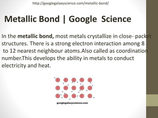 Metallic Bond | Google Science
In the metallic bond, most metals crystallize in close- packet
structures. There is a strong electron interaction among 8
to 12 nearest neighbour atoms.Also called as coordination
number.This develops the ability in metals to conduct
electricity and heat.
http://googlegalaxyscience.com/metallic-bond/
 