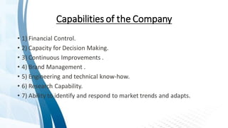 Capabilities of the Company
• 1) Financial Control.
• 2) Capacity for Decision Making.
• 3) Continuous Improvements .
• 4) Brand Management .
• 5) Engineering and technical know-how.
• 6) Research Capability.
• 7) Ability to identify and respond to market trends and adapts.
 