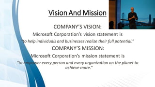 Vision And Mission
COMPANY’S VISION:
Microsoft Corporation’s vision statement is
“to help individuals and businesses realize their full potential.”
COMPANY’S MISSION:
Microsoft Corporation’s mission statement is
“to empower every person and every organization on the planet to
achieve more.”
 