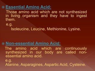  Essential Amino Acid:
Those amino acid which are not synthesized
in living organism and they have to ingest
them.
e.g.
Isoleucine, Leucine, Methionine, Lysine.
 Non-essential Amino Acid:
The amino acid which are continuously
synthesized in our body are called non-
essential amino acid.
e.g.
Alanine, Asparagines, Aspartic Acid, Cysteine.
 