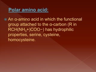  An α-amino acid in which the functional
group attached to the α-carbon (R in
RCH(NH3+)COO−) has hydrophilic
properties, serine, cysteine,
homocysteine.
 