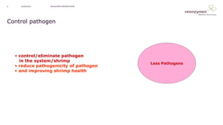 NOVOZYMES PRESENTATION22/06/20164
Control pathogen
Less Pathogens
• control/eliminate pathogen
in the system/shrimp
• reduce pathogenicity of pathogen
• and improving shrimp health
 