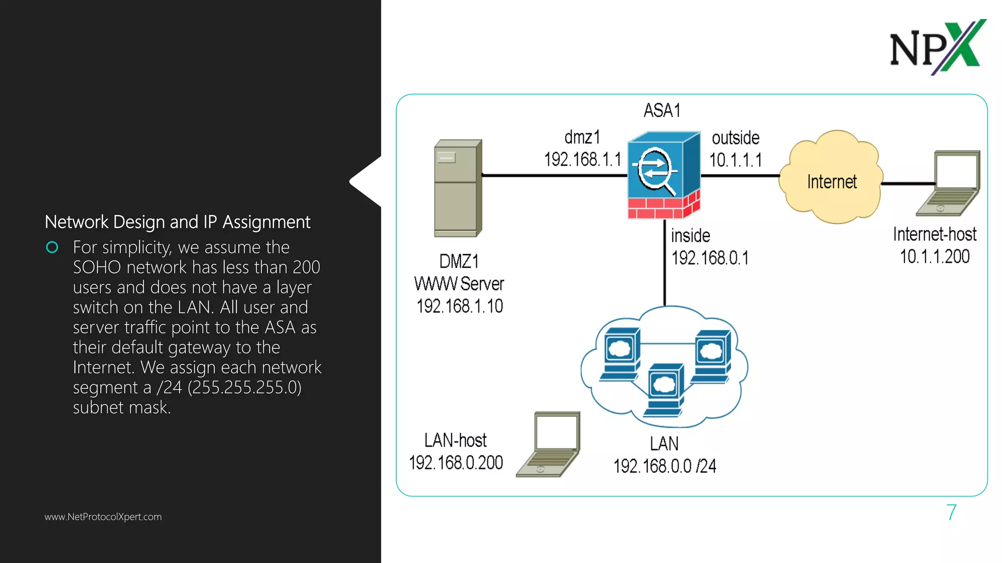 Network Design and IP Assignment
 For simplicity, we assume the
SOHO network has less than 200
users and does not have a layer
switch on the LAN. All user and
server traffic point to the ASA as
their default gateway to the
Internet. We assign each network
segment a /24 (255.255.255.0)
subnet mask.
www.NetProtocolXpert.com 7
 