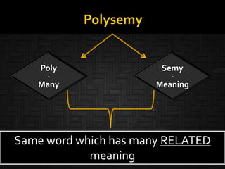 Same word which has many RELATED
meaning
Poly
-
Many
Semy
-
Meaning
