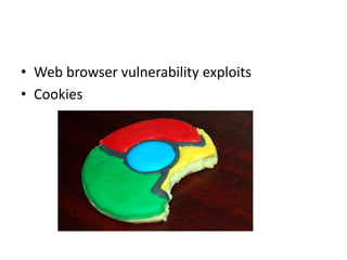 • Web browser vulnerability exploits
• Cookies
 