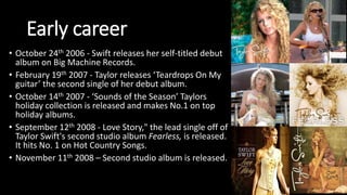 Early career
• October 24th 2006 - Swift releases her self-titled debut
album on Big Machine Records.
• February 19th 2007 - Taylor releases ‘Teardrops On My
guitar’ the second single of her debut album.
• October 14th 2007 - ‘Sounds of the Season’ Taylors
holiday collection is released and makes No.1 on top
holiday albums.
• September 12th 2008 - Love Story," the lead single off of
Taylor Swift's second studio album Fearless, is released.
It hits No. 1 on Hot Country Songs.
• November 11th 2008 – Second studio album is released.
 