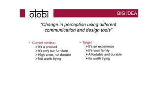 BIG IDEA
• Current mindset
It’s a product
It’s only our furniture
High price, not durable
Not worth trying
• Target
It’s an experience
It’s your family
Affordable and durable
Its worth trying
“Change in perception using different
communication and design tools”
 