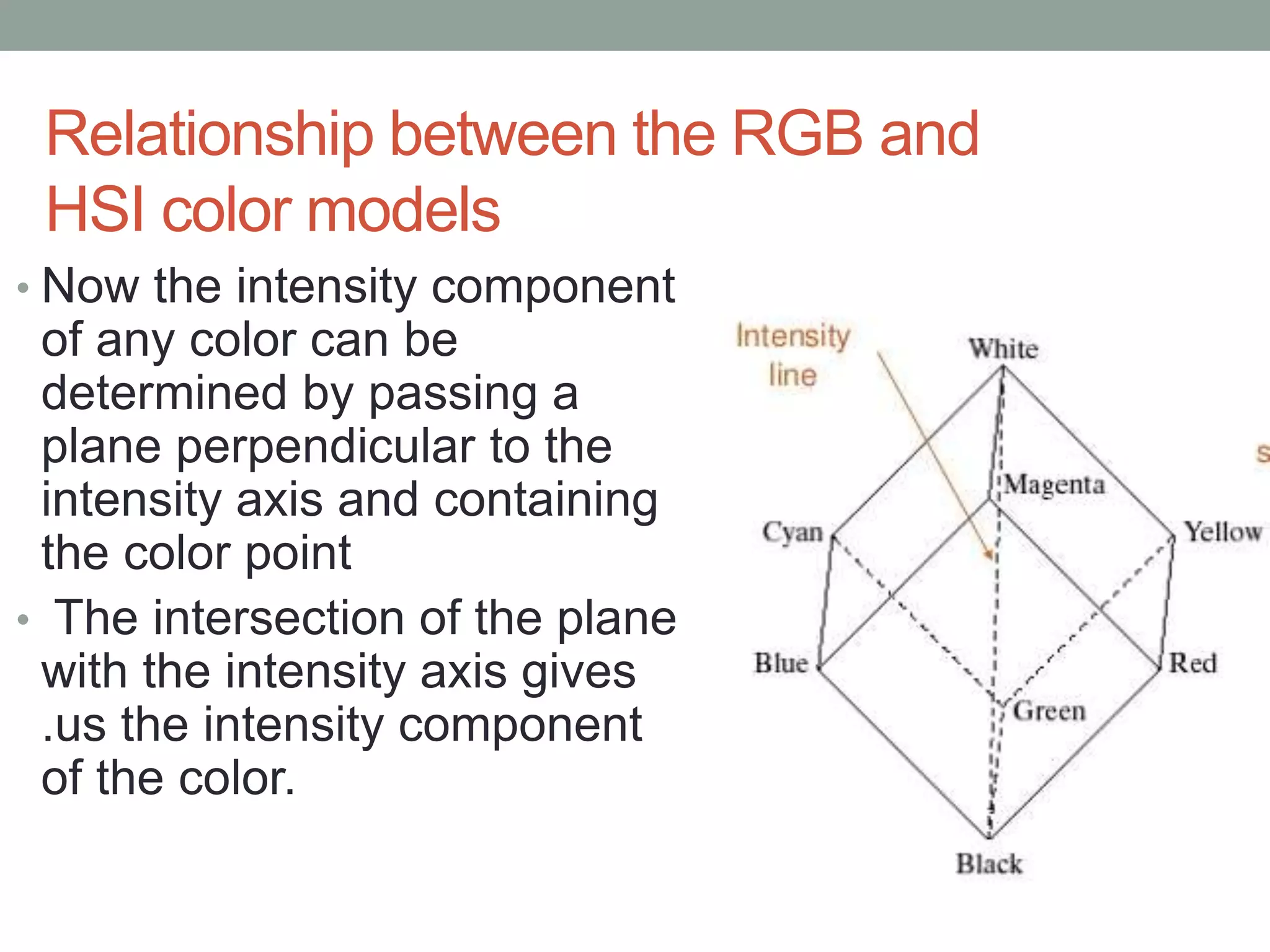 Relationship between the RGB and
HSI color models
• Now the intensity component
of any color can be
determined by passing a
plane perpendicular to the
intensity axis and containing
the color point
• The intersection of the plane
with the intensity axis gives
.us the intensity component
of the color.
 