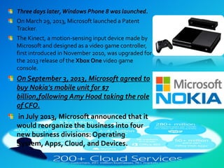 Three days later,Windows Phone 8 was launched.
On March 29, 2013, Microsoft launched a Patent
Tracker.
The Kinect, a motion-sensing input device made by
Microsoft and designed as a video game controller,
first introduced in November 2010, was upgraded for
the 2013 release of the Xbox One video game
console.
On September 3, 2013, Microsoft agreed to
buy Nokia's mobile unit for $7
billion,following Amy Hood taking the role
of CFO.
in July 2013, Microsoft announced that it
would reorganize the business into four
new business divisions: Operating
System, Apps, Cloud, and Devices.
 