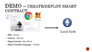 REMIX
Local Geth
 IDE – Remix
 Library – Web3.js
 Dapp browsers– MetaMask
 Smart Contract Language - Solidity
 
