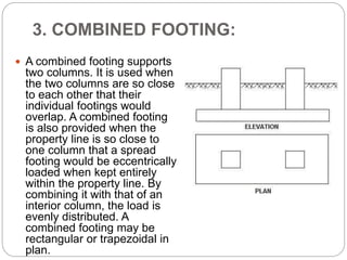 3. COMBINED FOOTING:
 A combined footing supports
two columns. It is used when
the two columns are so close
to each other that their
individual footings would
overlap. A combined footing
is also provided when the
property line is so close to
one column that a spread
footing would be eccentrically
loaded when kept entirely
within the property line. By
combining it with that of an
interior column, the load is
evenly distributed. A
combined footing may be
rectangular or trapezoidal in
plan.
 