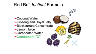 Red Bull Instinct Formula
Coconut Water
Ginseng and Royal Jelly
Blackcurrant Concentrate
Lemon Juice
Carbonated Water
Component “X”
 