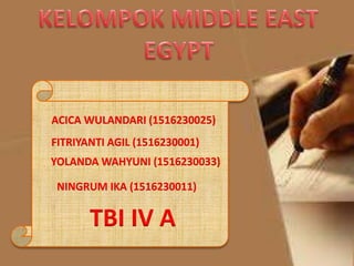 ACICA WULANDARI (1516230025)
FITRIYANTI AGIL (1516230001)
YOLANDA WAHYUNI (1516230033)
NINGRUM IKA (1516230011)
TBI IV A
 