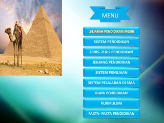 MENU
.SEJARAH PENDIDIKAN MESIR
SISTEM PENDIDIKAN
JENIS- JENIS PENDIDIKAN
SISTEM PENILAIAN
SISTEM PELAJARAN DI SMA
BIAYA PENDIDIKAN
KURIKULUM
FAKTA- FAKTA PENDIDIKAN
JENJANG PENDIDIKAN
 