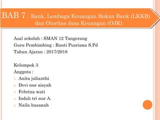 Asal sekolah : SMAN 12 Tangerang
Guru Pembimbing : Ranti Pusriana S.Pd
Tahun Ajaran : 2017/2018
Kelompok 3
Anggota :
1. Anita julianthi
2. Devi nur aisyah
3. Febrina wati
4. Indah tri nur A.
5. Naila hasanah
BAB 7 : Bank, Lembaga Keuangan Bukan Bank (LKKB)
dan Otoritas Jasa Keuangan (OJK)
BAB 7 : Bank, Lembaga Keuangan Bukan Bank (LKKB)
dan Otoritas Jasa Keuangan (OJK)
 