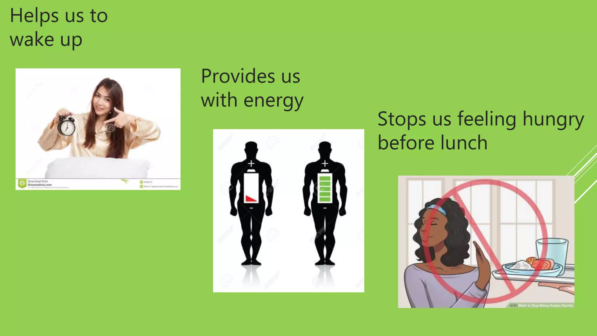 Helps us to
wake up
Provides us
with energy
Stops us feeling hungry
before lunch
 