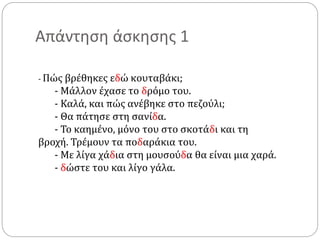 Απάντηση άσκησης 1
- Πώς βρέθηκες εδώ κουταβάκι;
- Μάλλον έχασε το δρόμο του.
- Καλά, και πώς ανέβηκε στο πεζούλι;
- Θα πάτησε στη σανίδα.
- Το καημένο, μόνο του στο σκοτάδι και τη
βροχή. Τρέμουν τα ποδαράκια του.
- Με λίγα χάδια στη μουσούδα θα είναι μια χαρά.
- δώστε του και λίγο γάλα.
 