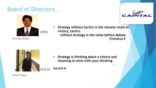 Board of Directors..
(CPM)
Chanakya Reddy
(R & D)
Harshit Nagar
• Strategy without tactics is the slowest route to
victory, tactics
without strategy is the noise before defeat.
-Chanakya R
• Strategy is thinking about a choice and
choosing to stick with your thinking.
-
Harshit N
 