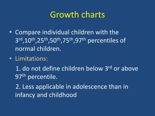 Growth charts
• Compare individual children with the
3rd,10th,25th,50th,75th,97th percentiles of
normal children.
• Limitations:
1. do not define children below 3rd or above
97th percentile.
2. Less applicable in adolescence than in
infancy and childhood
 