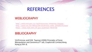 REFERENCES
WEBLIOGRAPHY
BIBLIOGRAPHY
http://web.ornl.gov/sci/techresources/meetings/bacpac/
http://www.els.net/WileyCDA/ElsArticle/refld-a0000379.html
https://www.ncbi.nlm.nih.gov/pubmed/7859160
S.B.Primrose and R.M. Twyman.(2006) Principles of Gene
Manipulation and Genomics(7th ed), Graphicraft Limited,Hong
Kong,p.204-8.
 