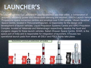 In order to achieve high accuracy in placing satellites into their orbits, a combination of
accuracy, efficiency, power and immaculate planning are required. ISRO's Launch Vehicle
Programme spans numerous centres and employs over 5,000 people. Vikram Sarabhai
Space Centre, located in Thiruvananthapuram, is responsible for the design and
development of launch vehicles. Liquid Propulsion Systems Centre and ISRO Propulsion
Complex, located at Valiamala and Mahendragiri respectively, develop the liquid and
cryogenic stages for these launch vehicles. Satish Dhawan Space Centre, SHAR, is the
space port of India and is responsible for integration of launchers. It houses two
operational launch pads from where all GSLV and PSLV flights take place.
 